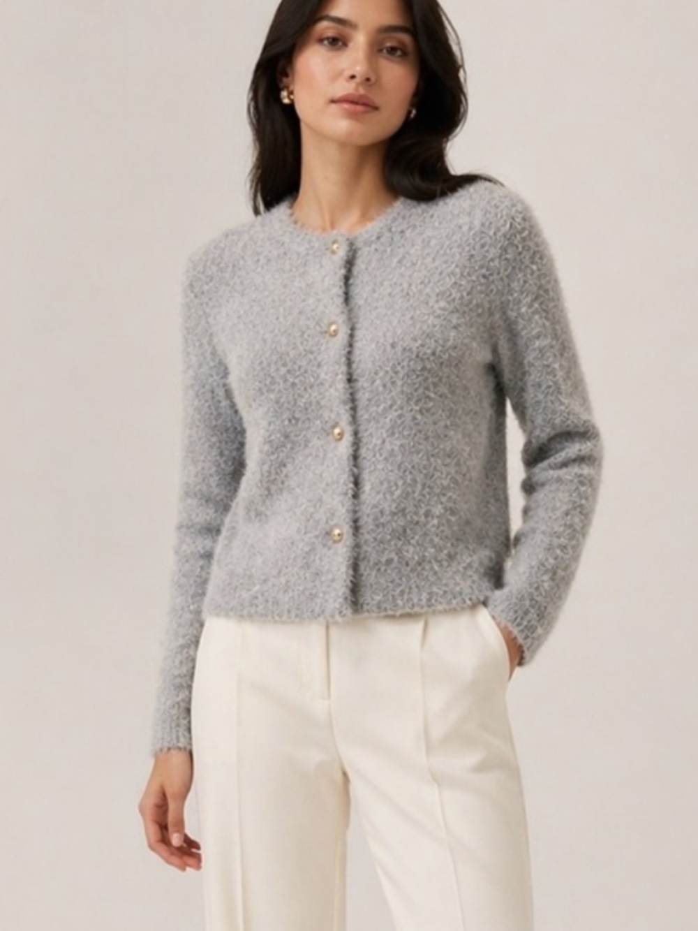 Tahari | Eyelash Knit Cardigan Gold Dome Button-Front Quiet Luxury Medium